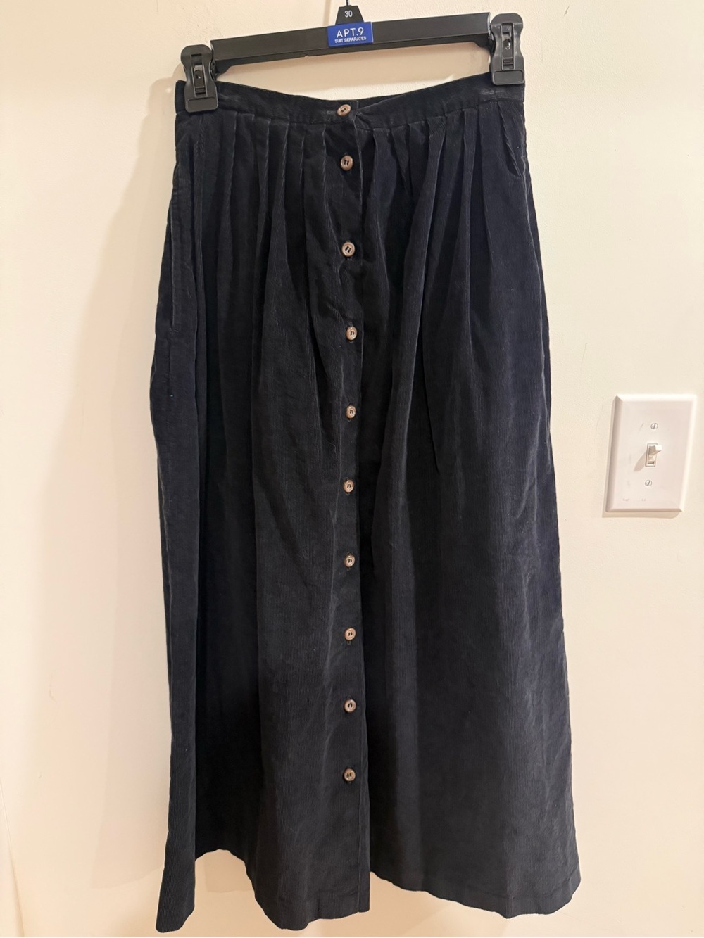 Vintage J Crew Black Button-Front Corduroy Midi Skirt